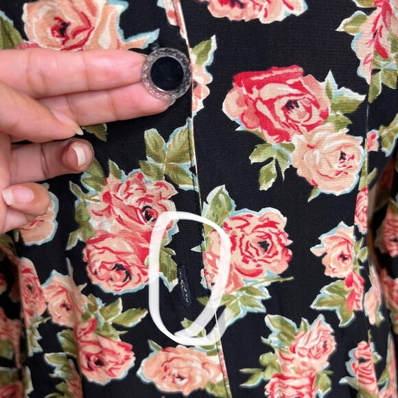 VTG Carol Little Button Down Top Womens 12 Black Pink Floral Beaded Notch Collar - Picture 4 of 10